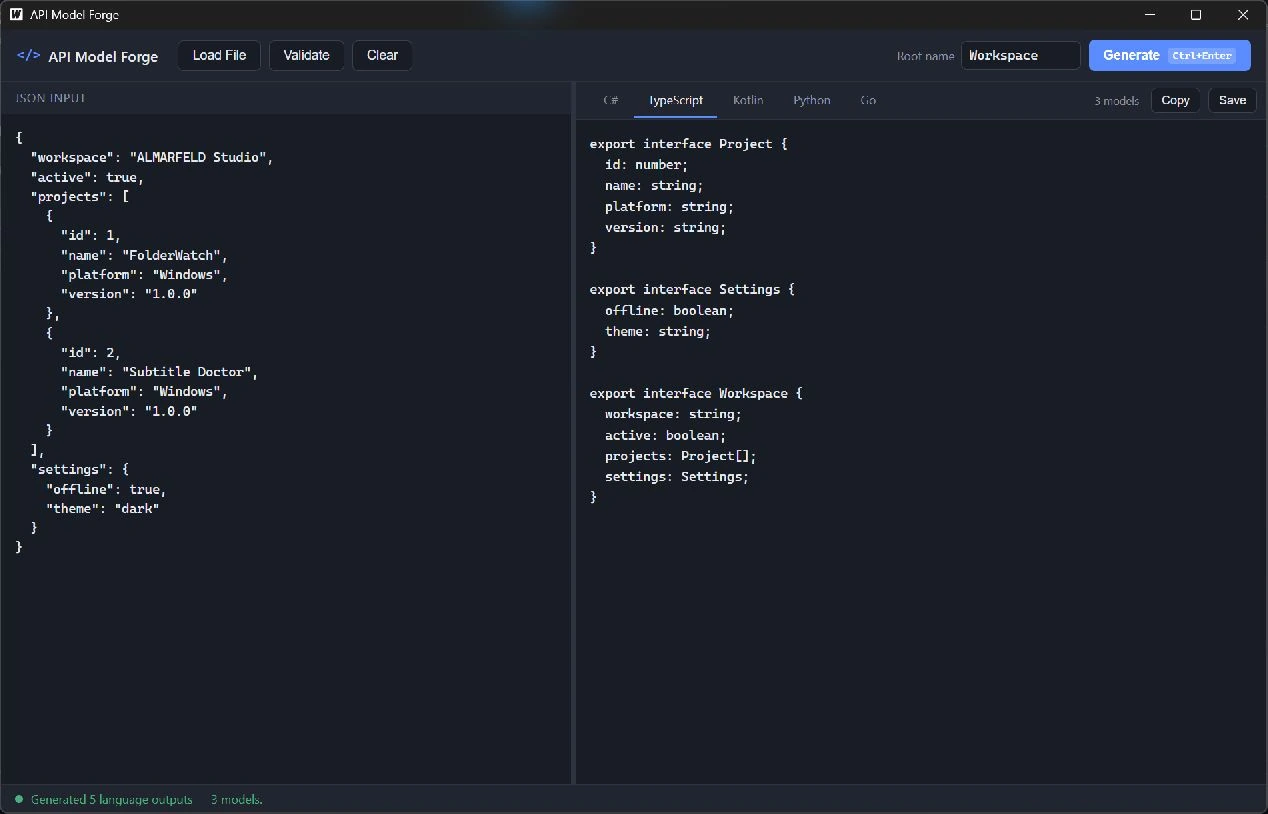 API Model Forge running on Windows with demonstration data
