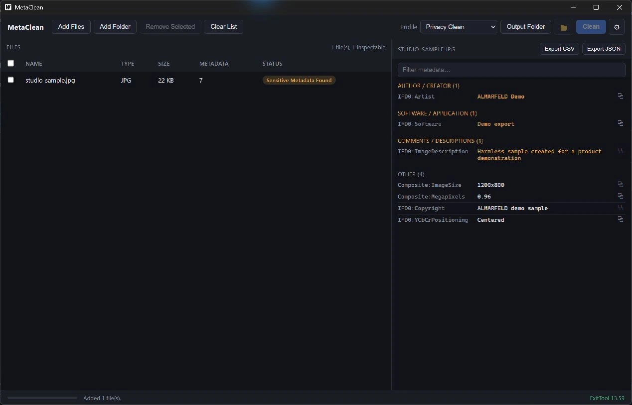 MetaClean running on Windows with demonstration data