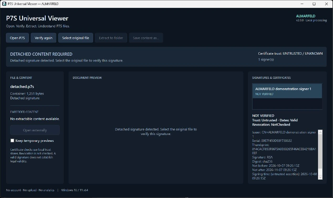P7S Universal Viewer requesting the original file for a detached signature