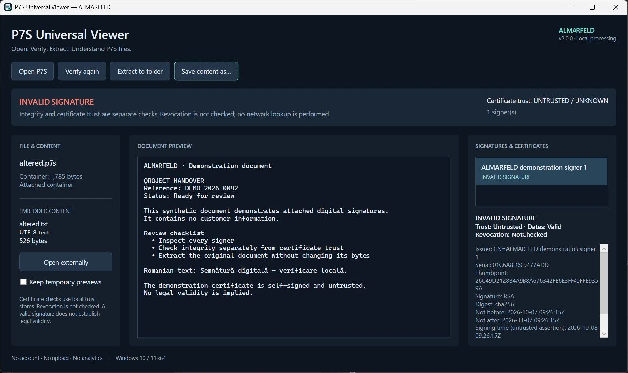 P7S Universal Viewer rejecting an altered signed document