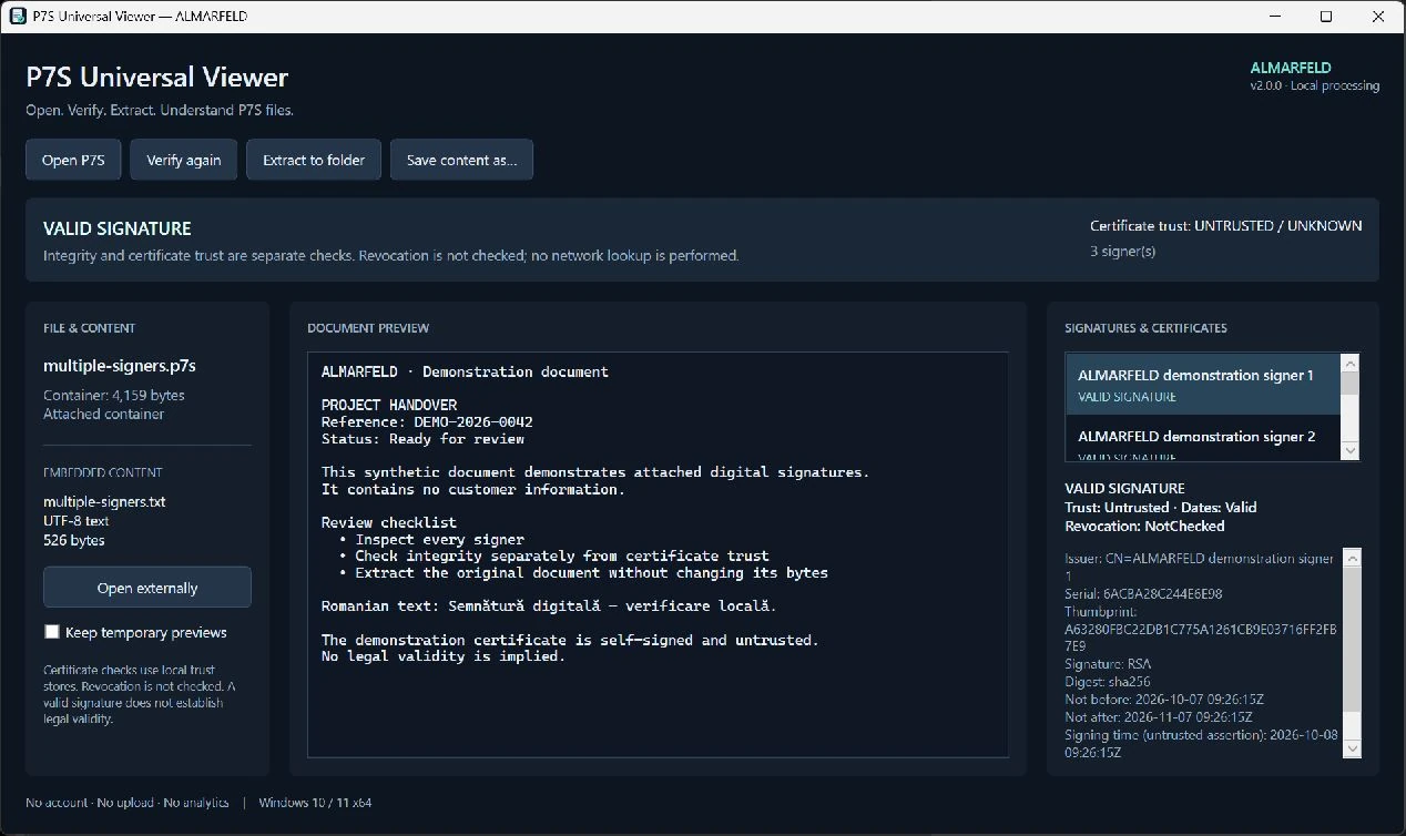 P7S Universal Viewer running on Windows with demonstration data