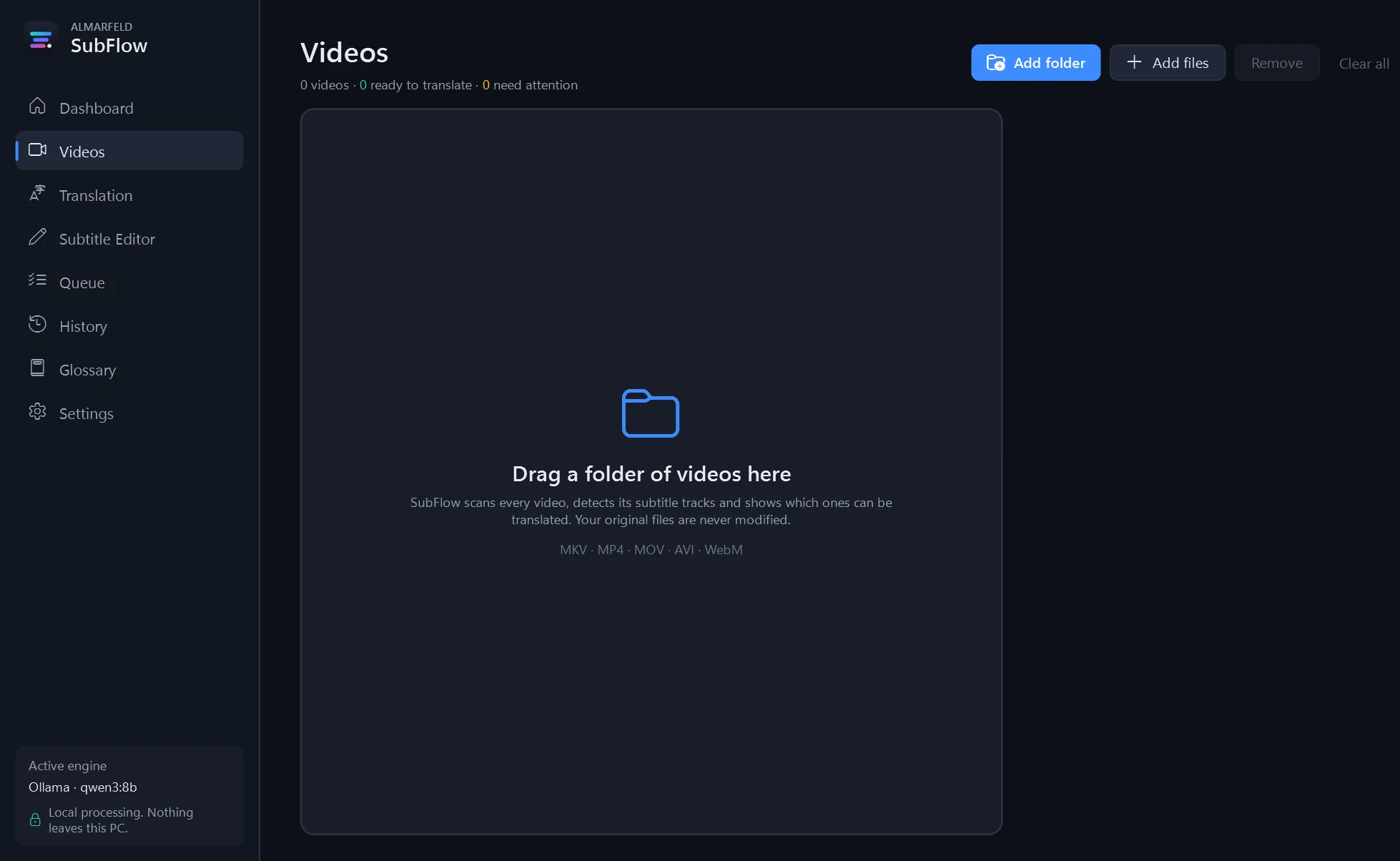 SubFlow running on Windows with an empty video library